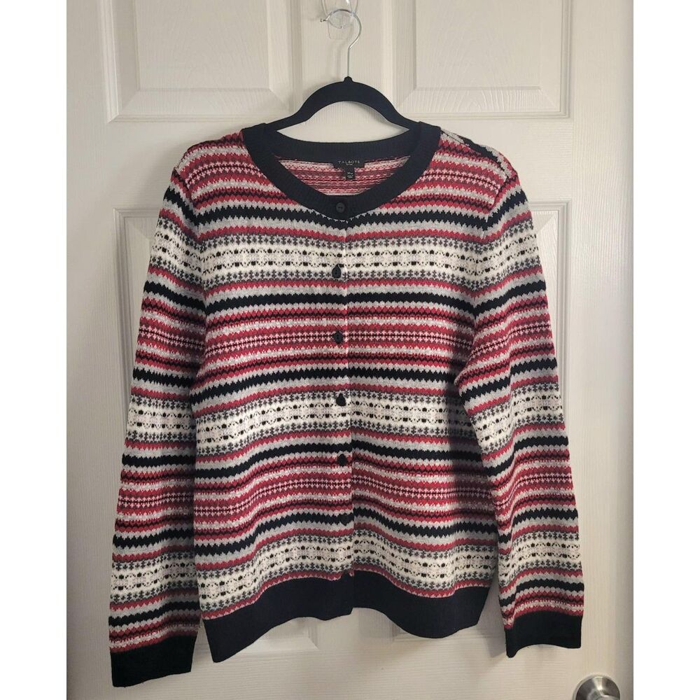 Talbots XLP Fair Isle Lambswool Cardigan Red Navy Nordic Grandmacore